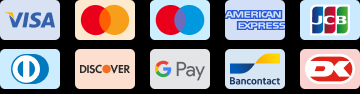 Payment options displayed include Visa, Mastercard, American Express, JCB, Diners Club International, Discover, Google Pay, Bancontact, and Dankort logos.